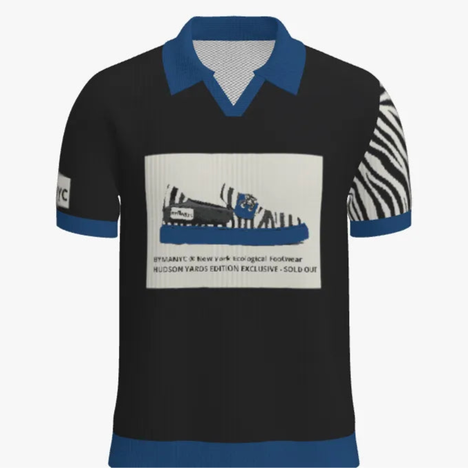 Black polo shirt with blue collar and zebra pattern sleeve on a white background