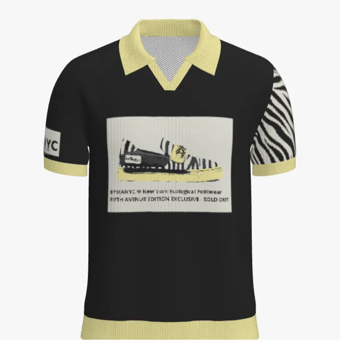 Black and yellow polo shirt with zebra pattern on a white background