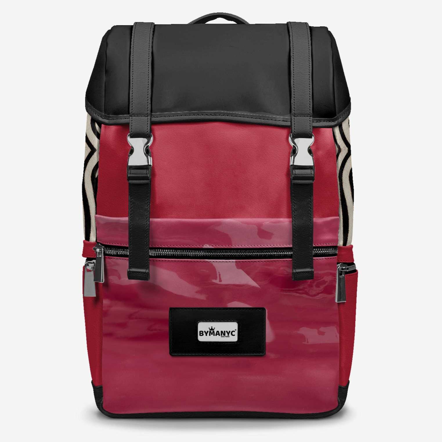 Red and black backpack with a visible brand logo on a light gray background