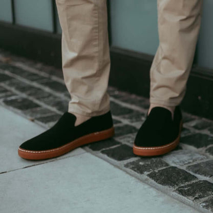 Grounding Slip-On Shoes • Black & Cognac Bamboo Knit