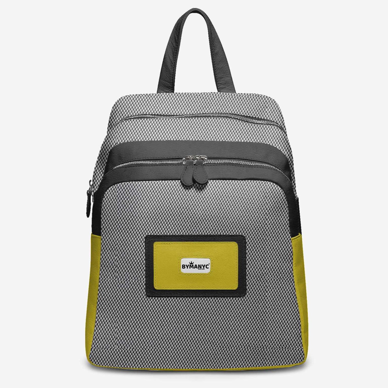 Gray and yellow backpack with a visible brand logo on a light gray background