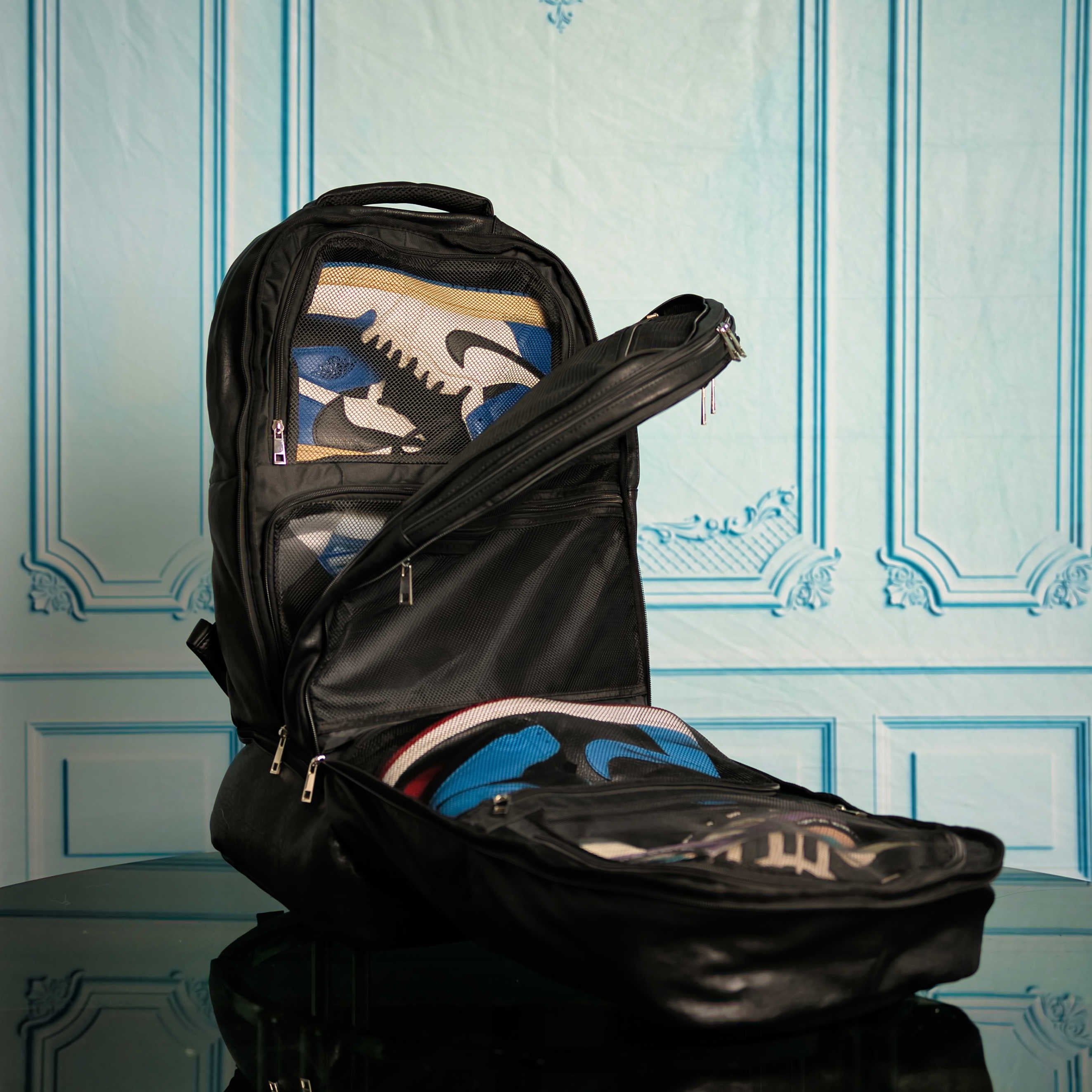 Black Leather Patented Carry On Backpack
