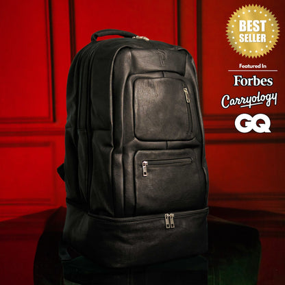 Black Leather Patented Carry On Backpack