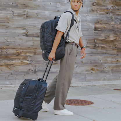 Black Leather Patented Carry On Backpack
