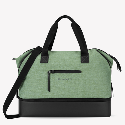 Green handbag with black accents on a white background