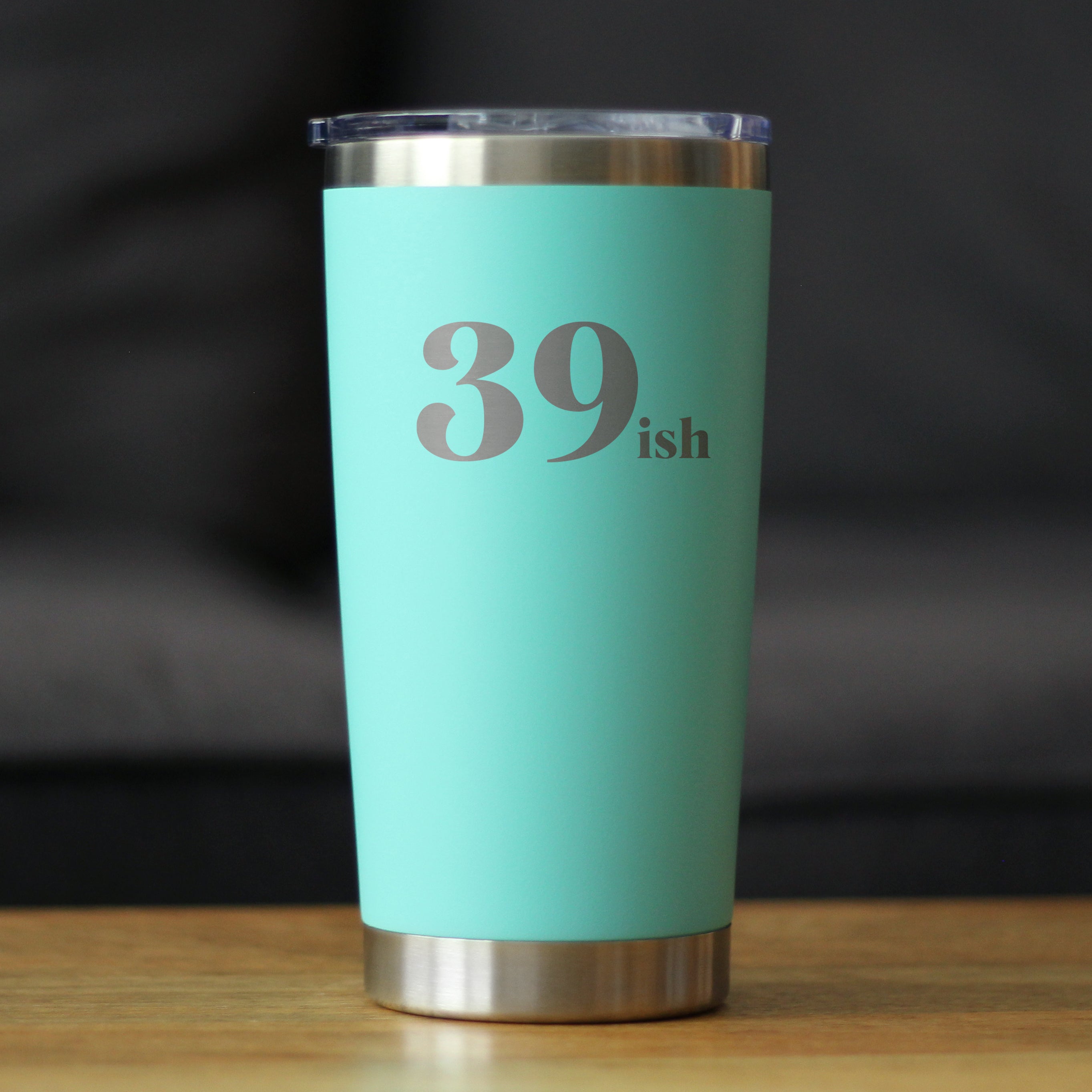 39ish - Insulated Coffee Tumbler Cup with Sliding Lid - Funny 40th Birthday Gift for Women or Men Turning 40 - 20 oz