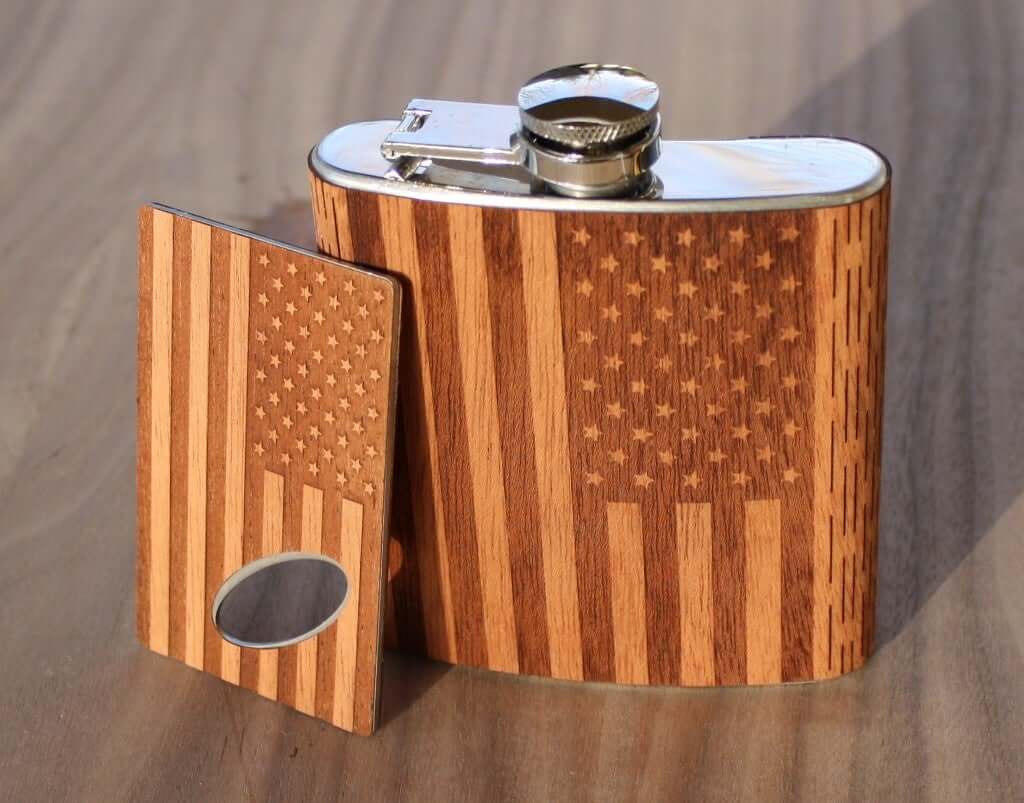 6 oz. Wooden Hip Flask & Matching Credit Card Bottle Opener (2-Piece Flask Set)