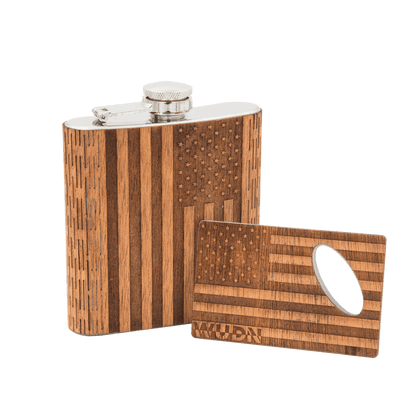 6 oz. Wooden Hip Flask & Matching Credit Card Bottle Opener (2-Piece Flask Set)