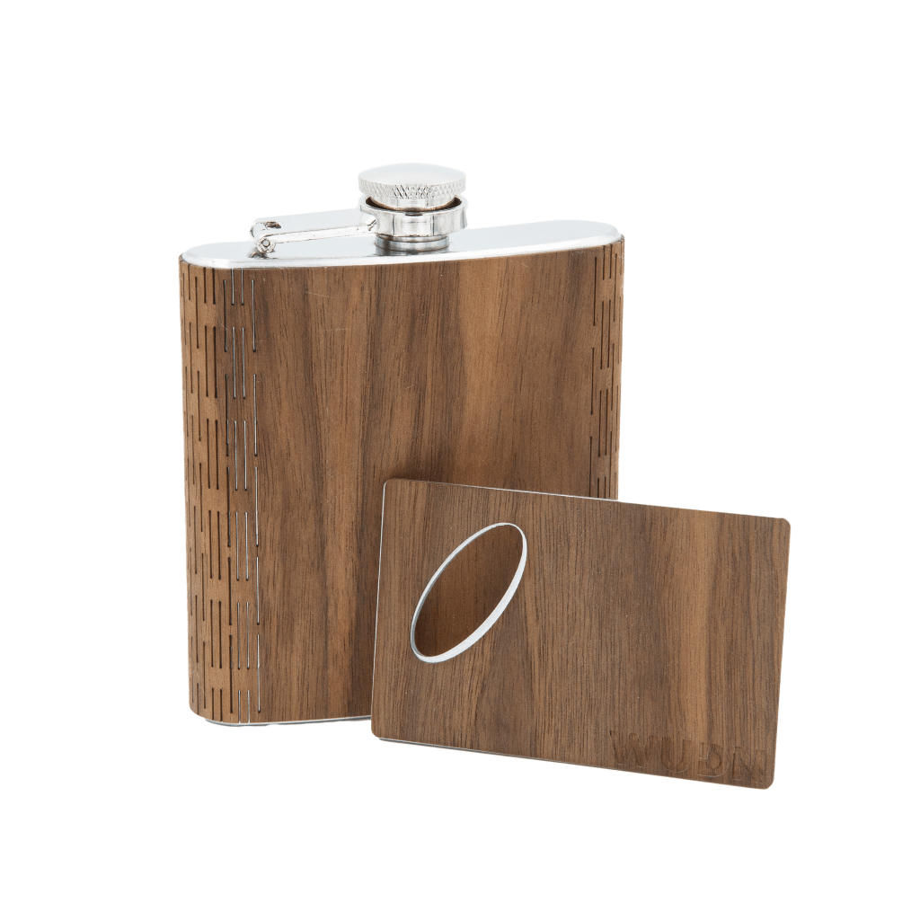 6 oz. Wooden Hip Flask & Matching Credit Card Bottle Opener (2-Piece Flask Set)