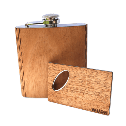 6 oz. Wooden Hip Flask & Matching Credit Card Bottle Opener (2-Piece Flask Set)