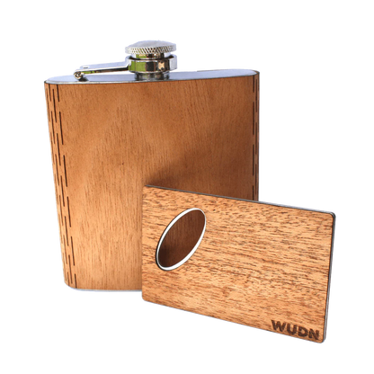 6 oz. Wooden Hip Flask & Matching Credit Card Bottle Opener (2-Piece Flask Set)