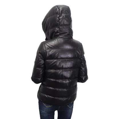 Contra 2020 Black Genuine Hooded Womens Leather Puffer Jacket