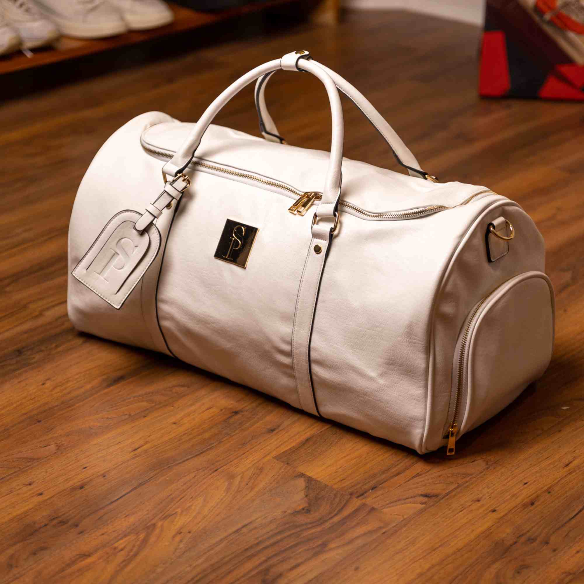 White Leather Weekender Duffle Bag