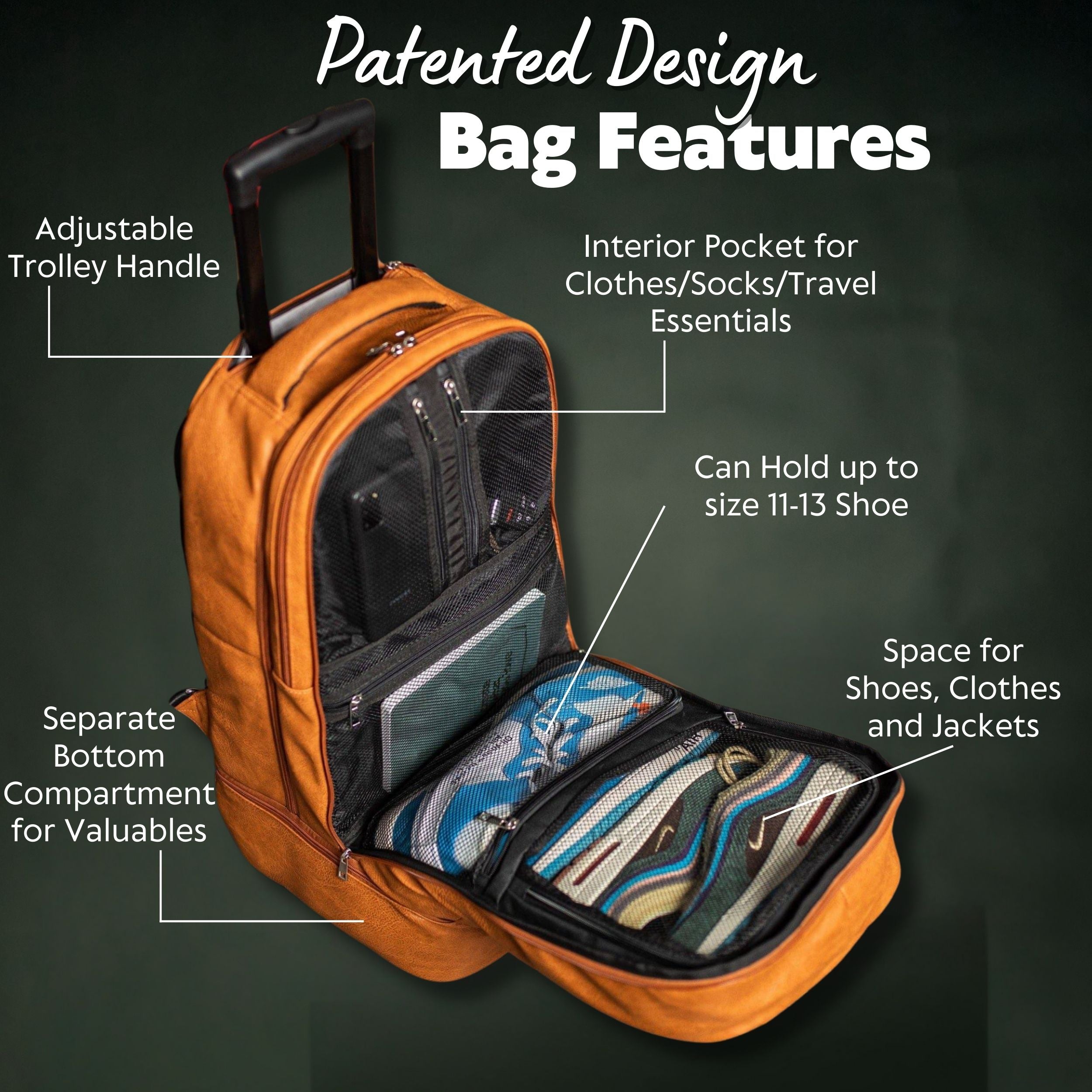 Brown Leather Carry-On Patented Roller Bag