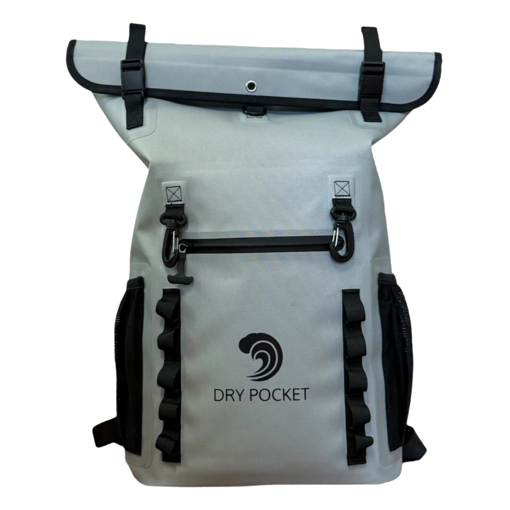 White roll-top backpack with black straps on a white background