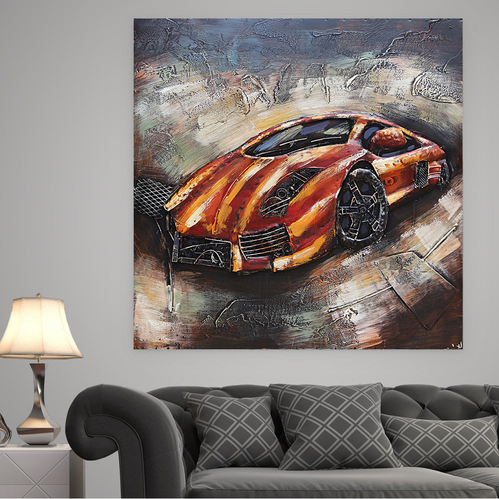 Luxury Exotic Car Orange Lamborghini 3D Mixed Media Wall Art Painting