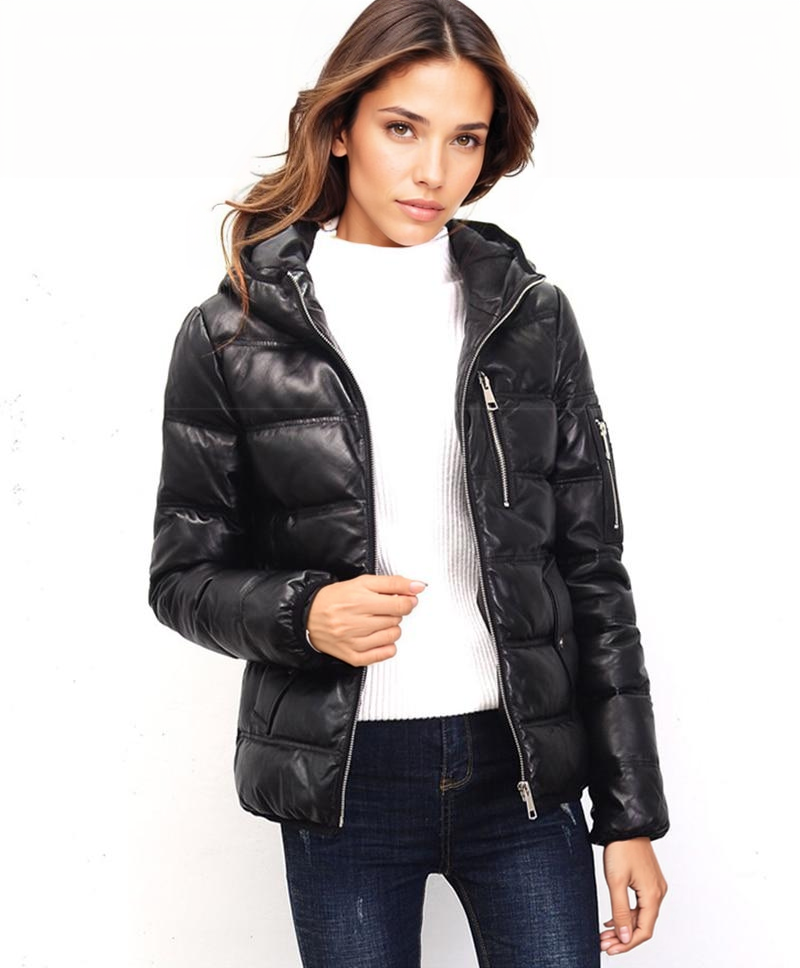 Contra 2020 Black Genuine Hooded Womens Leather Puffer Jacket