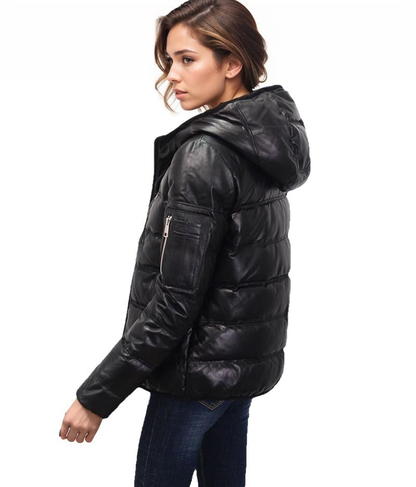 Contra 2020 Black Genuine Hooded Womens Leather Puffer Jacket