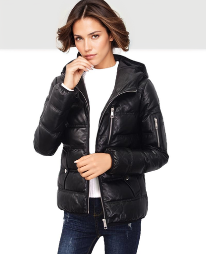 Contra 2020 Black Genuine Hooded Womens Leather Puffer Jacket