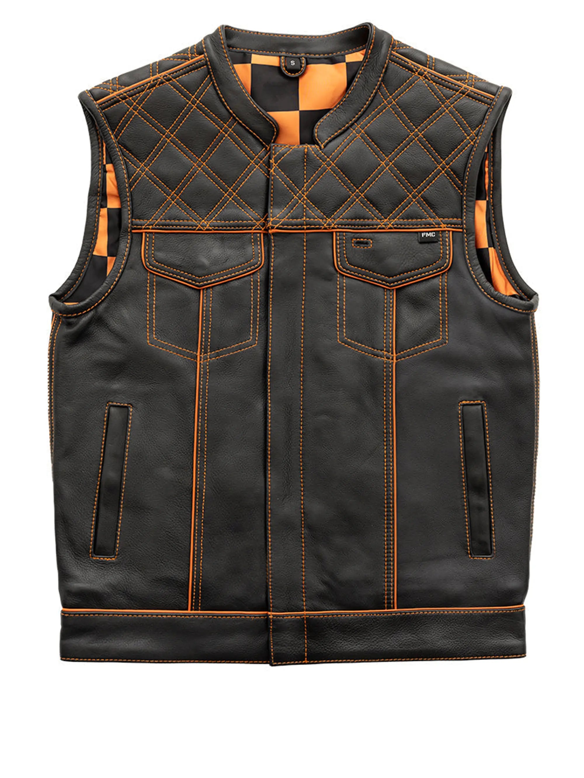 Finish Line - Orange Checker - Men's Motorcycle Leather Vest