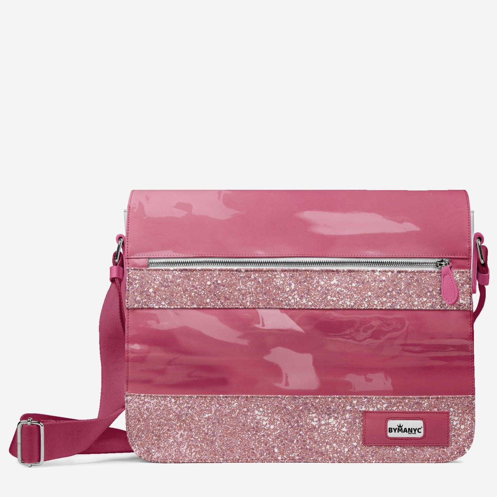 Pink glittery bag with a strap on a white background