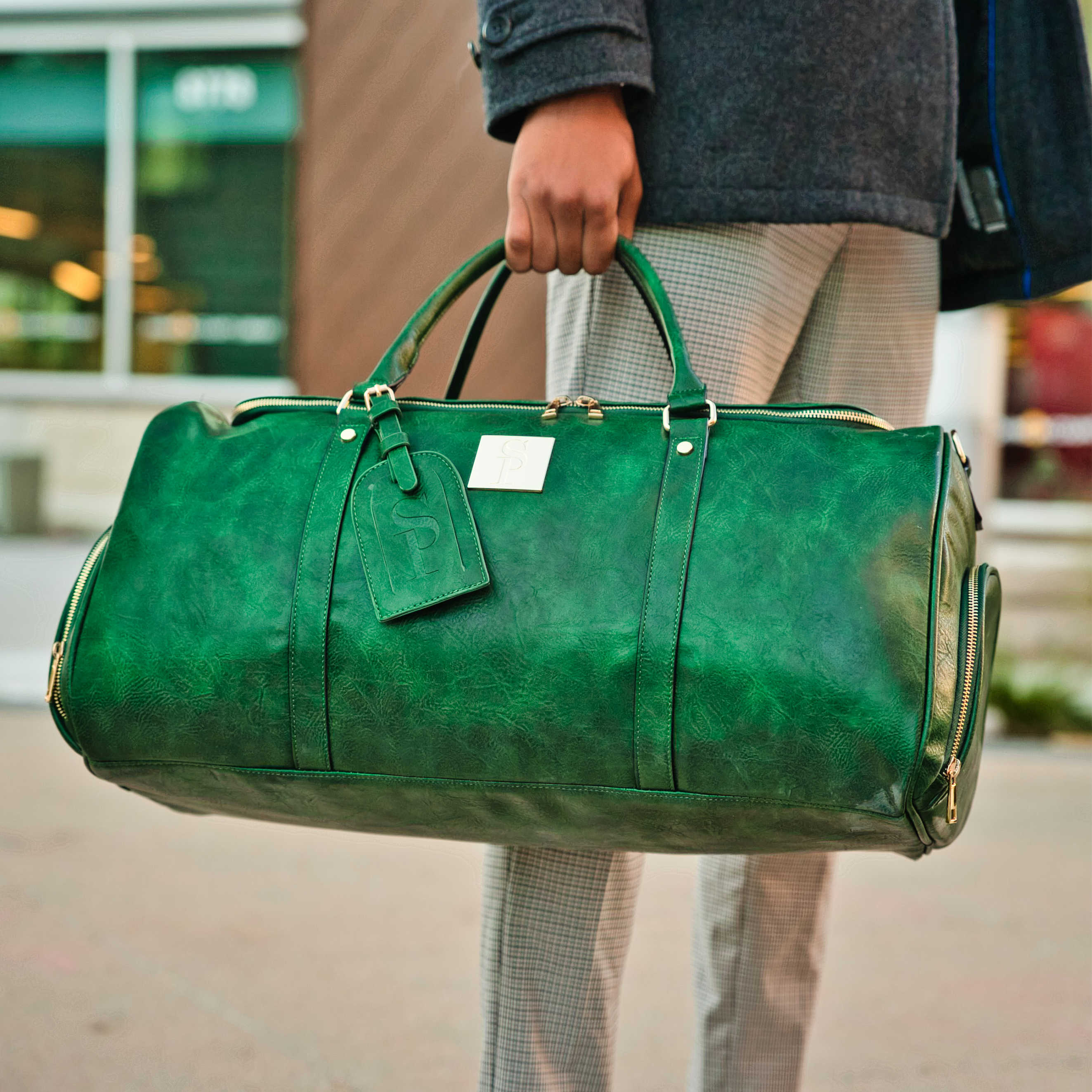 Emerald Green Leather Weekender Duffel Bag