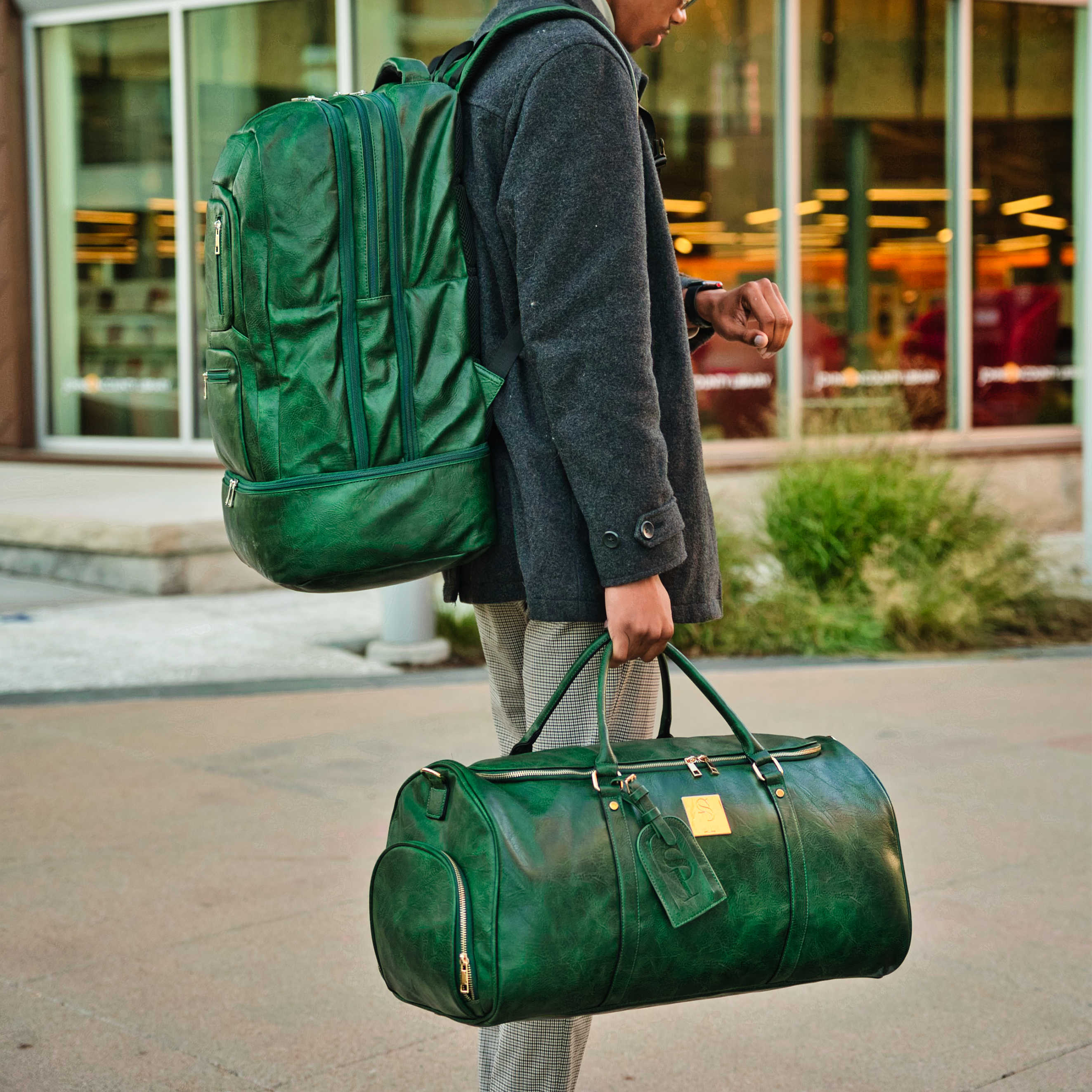 Emerald Green Leather Weekender Duffel Bag