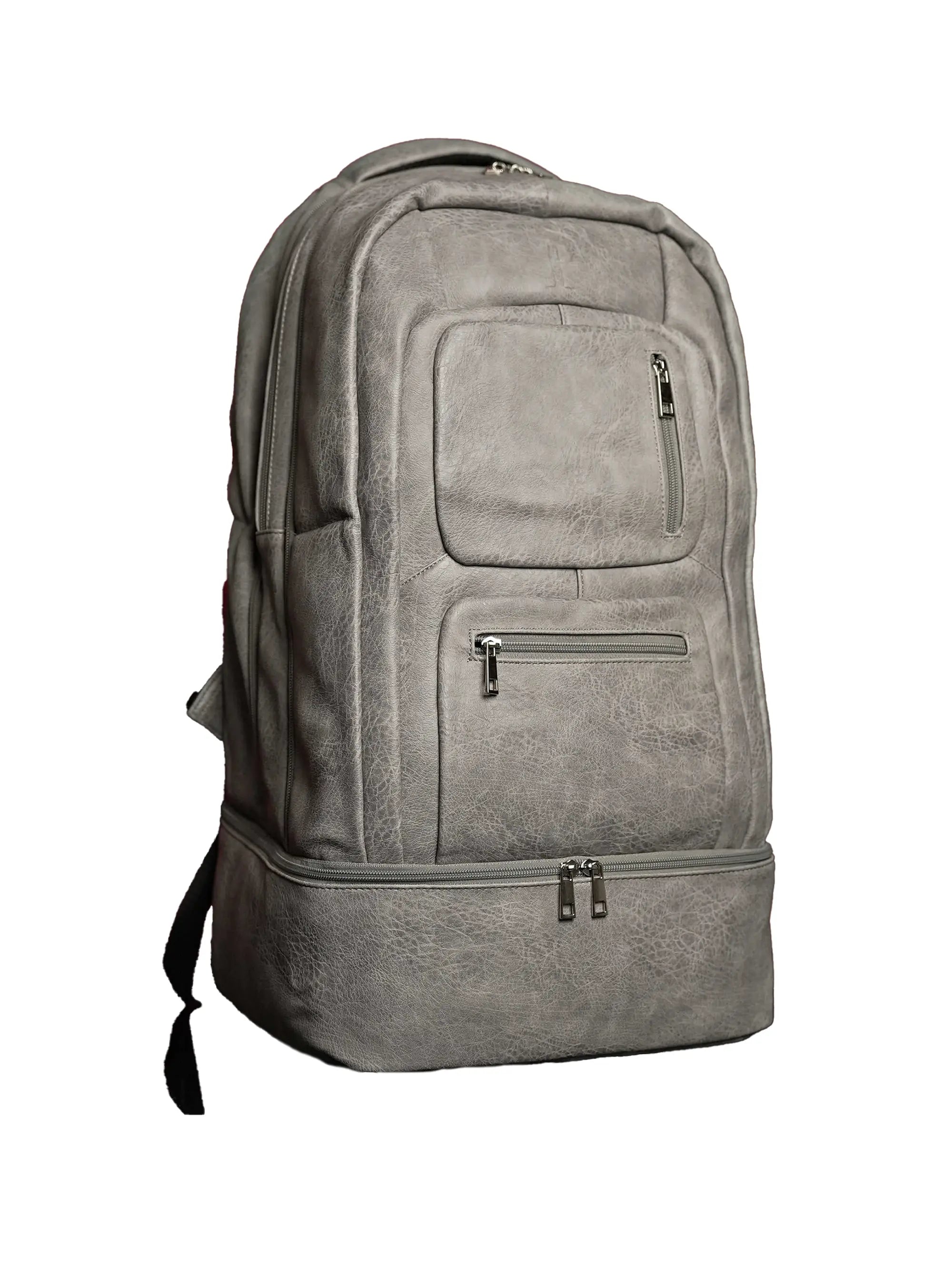 Grey Leather Luxury Carry-On Backpack (Patented Signature Design)