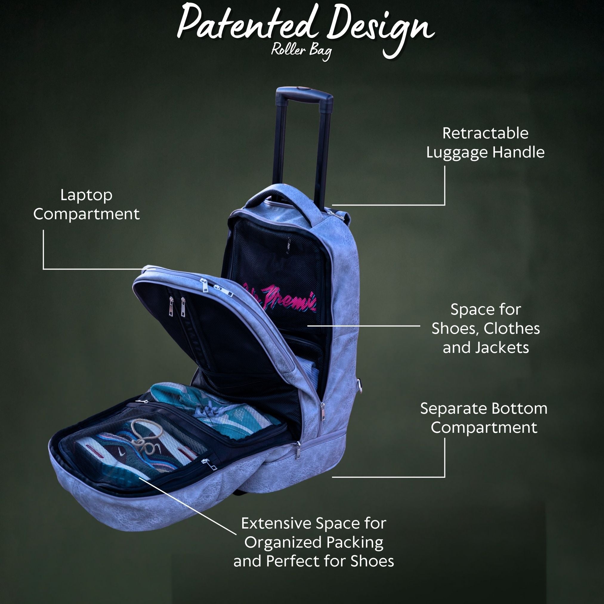 Grey Leather Carry-On Patented Roller Bag