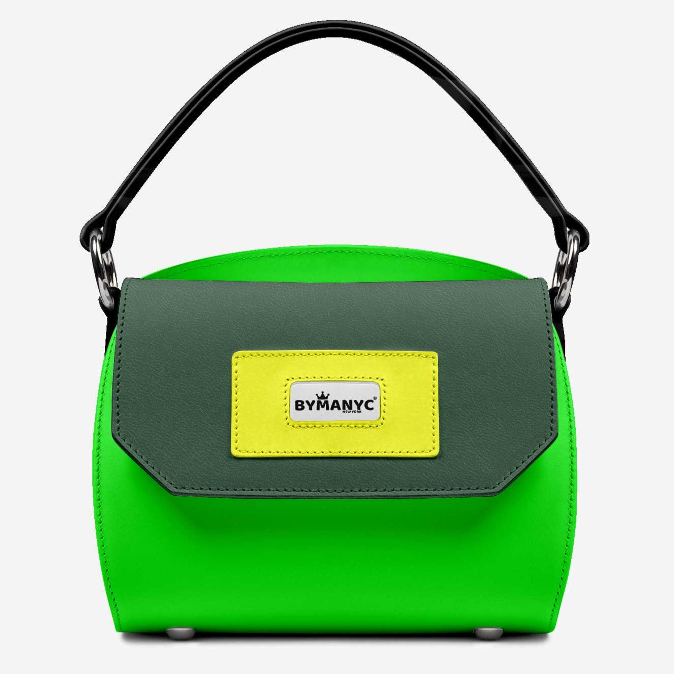 Green handbag with a yellow label on a white background