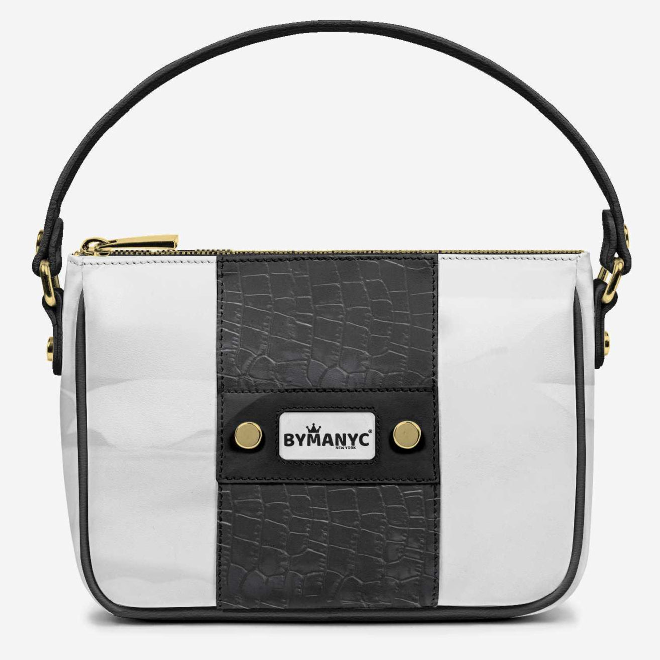 White and black handbag with gold accents on a white background