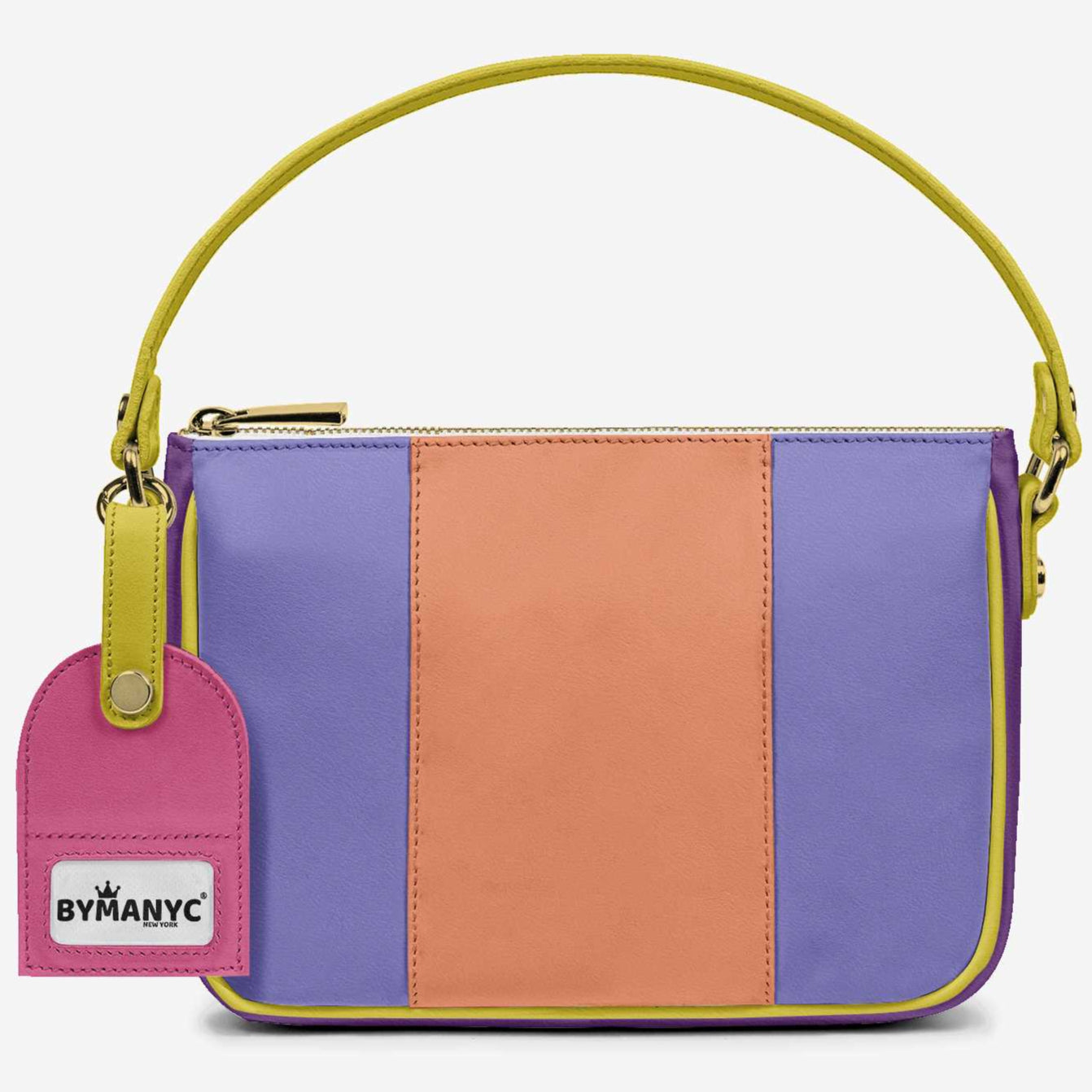 Color-blocked handbag with a yellow handle on a white background