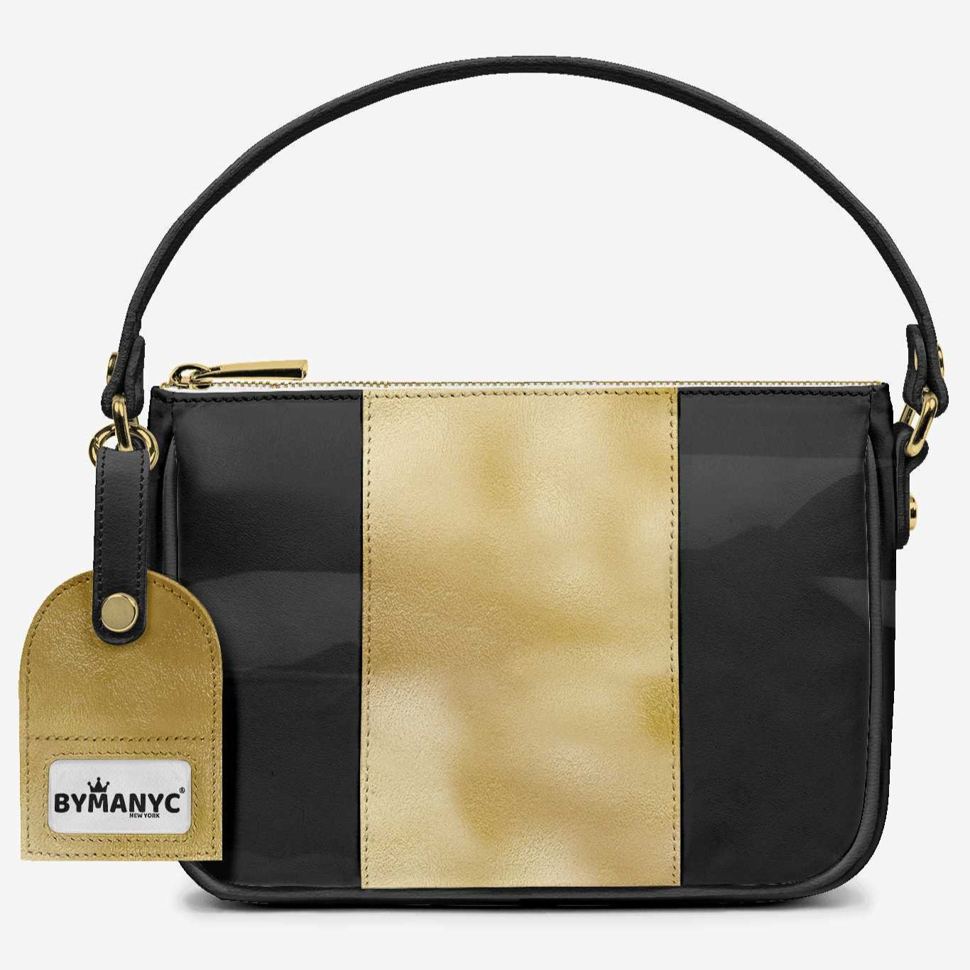 Black and gold handbag with a visible brand tag on a white background
