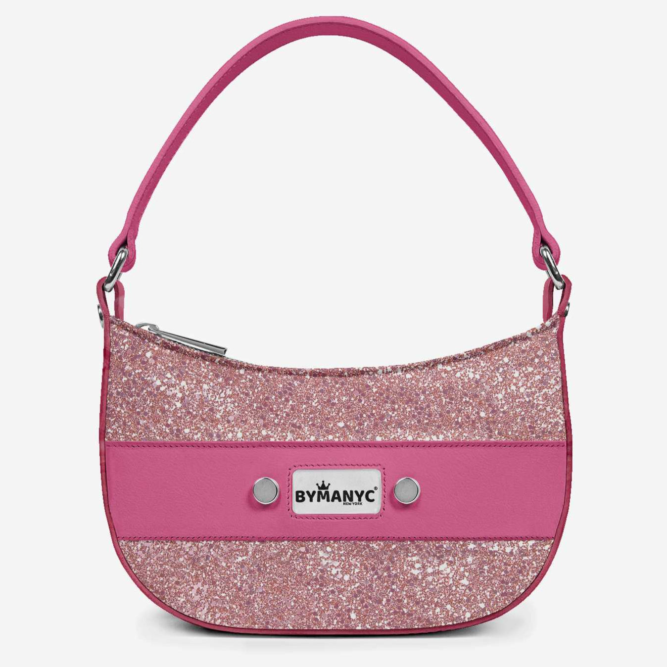 Pink handbag with glittery accents and branding on a light gray background