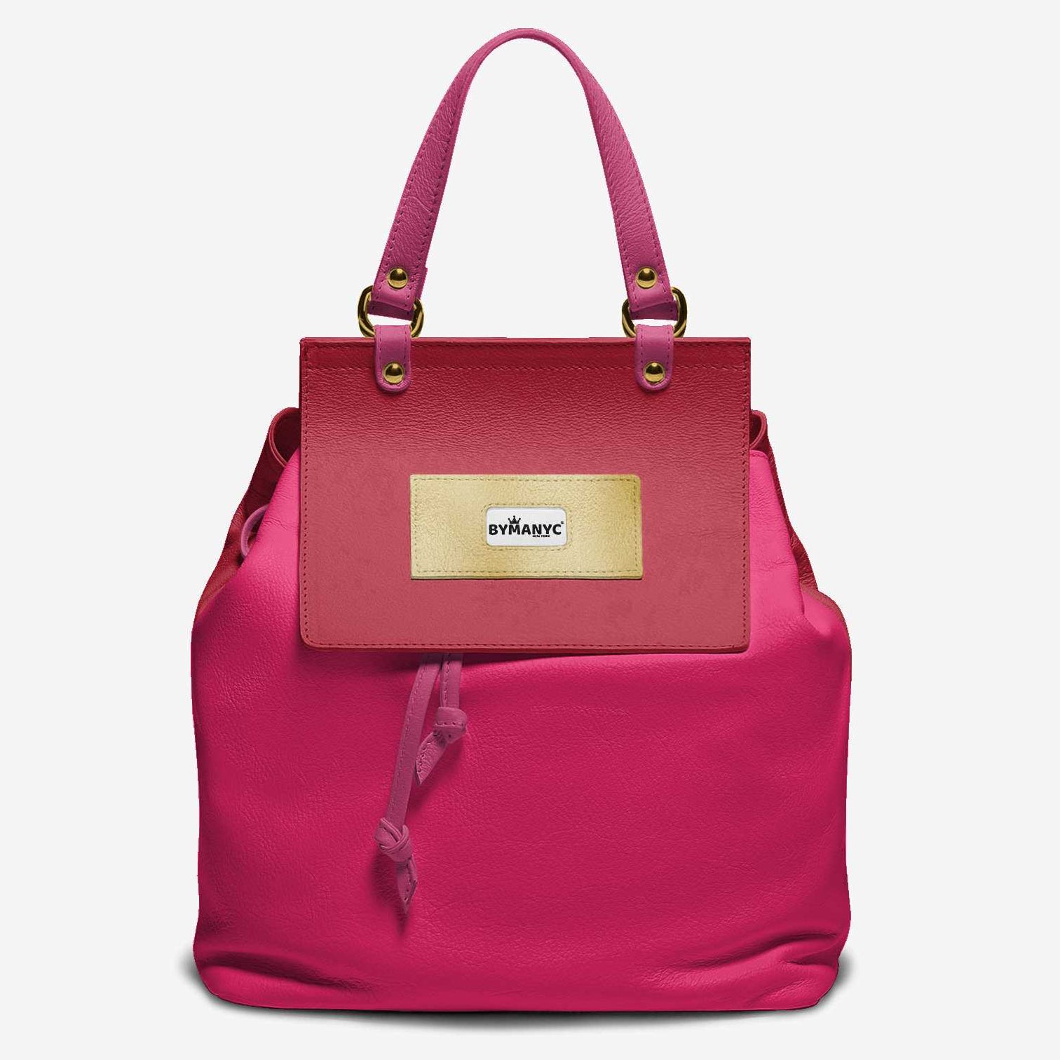 Pink backpack with a gold tag on a light gray background