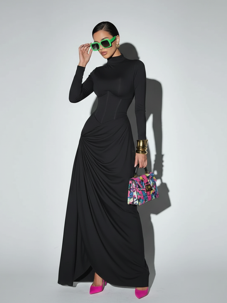 High Neck Waist-Cinched Slit Dress For Women, Elegant, Fifth Avenue, BYMANYC New York.