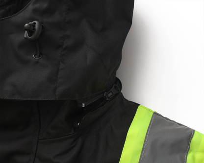 High Visibility 3-in-1 Hooded & Fleece Lined ANSI/ISEA 107-2020 Reflector Contrast Trimmed Water Resistant Black Safety Jacket [R71600]