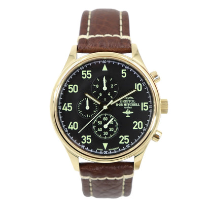 B-25 Mitchell Tribute - Gold Finish, Black Dial, Brown Leather Band with Stitching