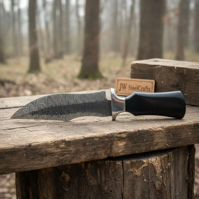 Damascus Trailing Point Fixed Blade Hunting Knife — Forged Ladder Pattern Blade, Black Resin Handle & Steel Guard