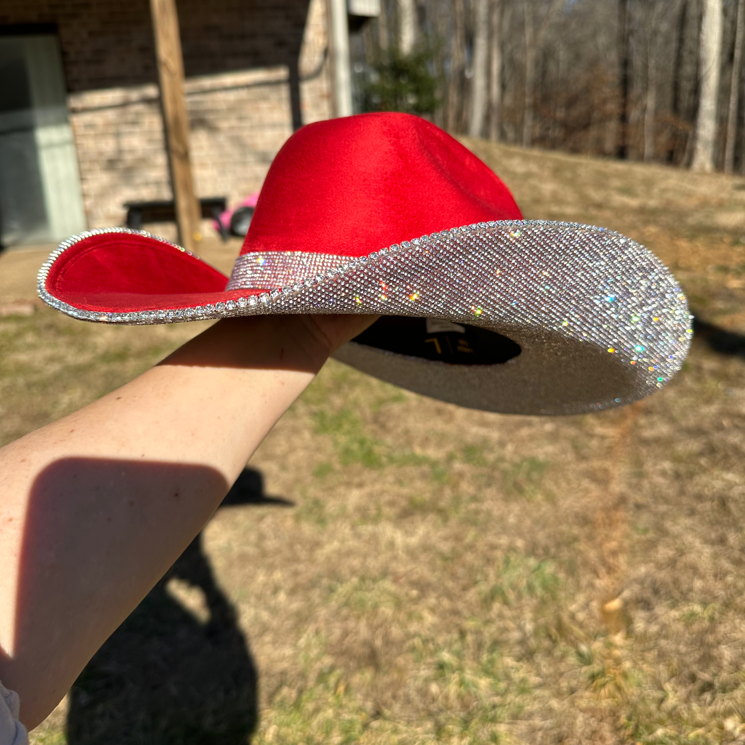 Red and silver glittery hat held by a person outdoors.