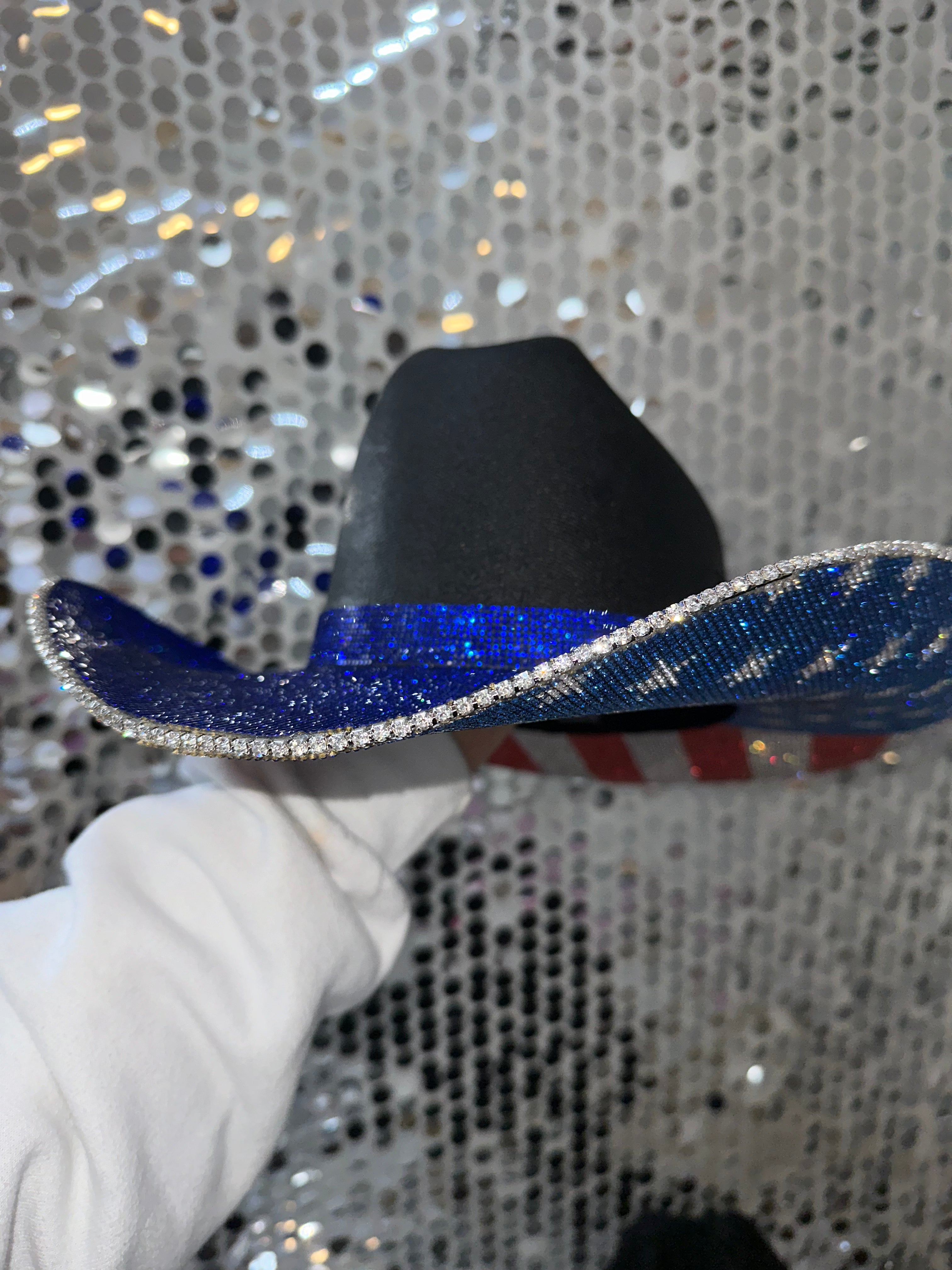 The "America" Hat in Black - Blue Rhinestones on Top