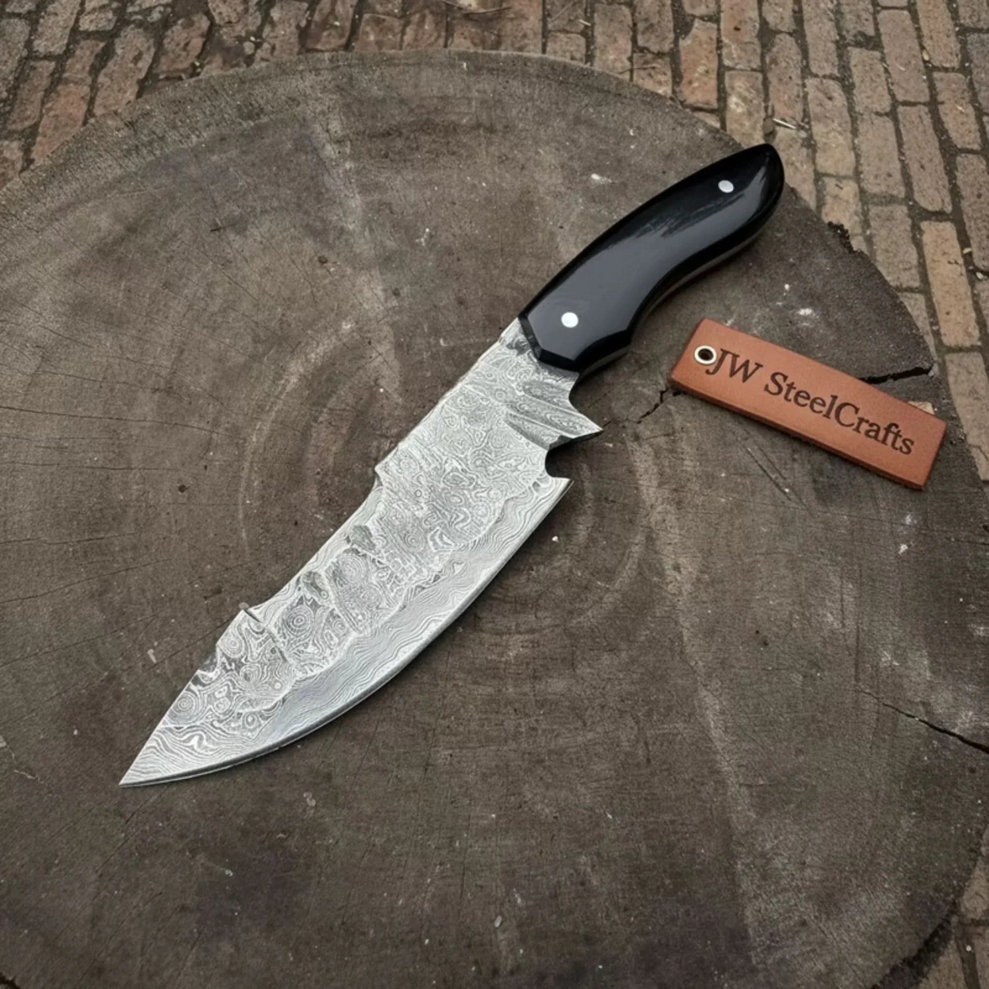 Damascus Field Knife 9” Blade Handmade Black Epoxy Resin Handle with Sheath
