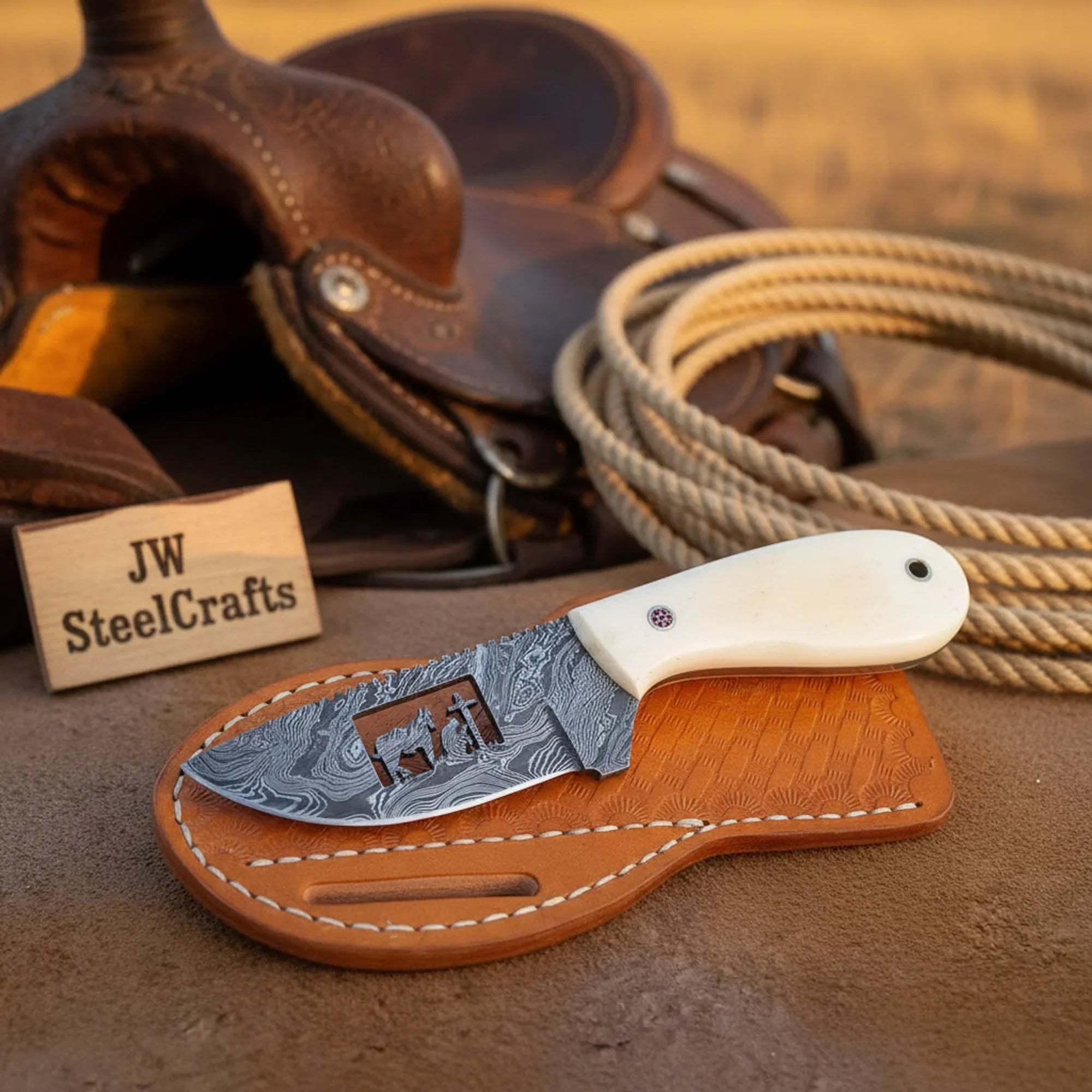 Praying Cowboy Skinner Knife with Cowboy Prayer Scene and White Resin Handle