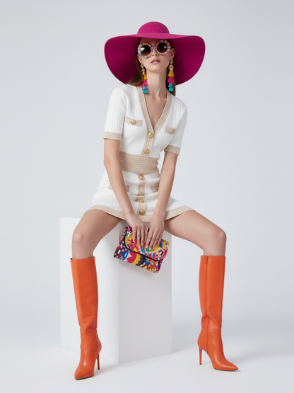 Ice Silk Knit Dress with Gold Buckle For Women, V-Neck, Upper East Side, BYMANYC New York.