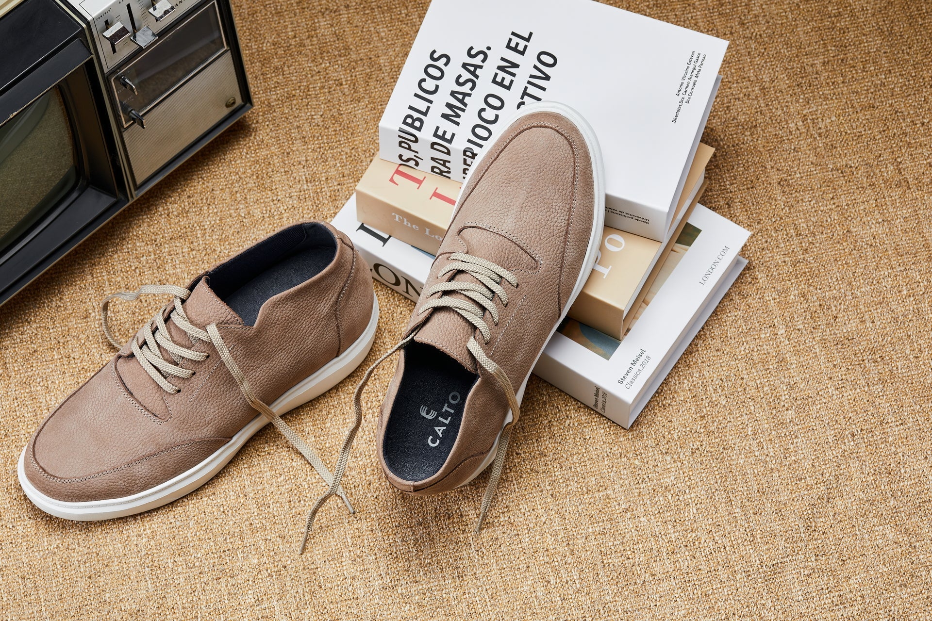 J1770  - 3.2 Inches Taller (Khaki) - Casual Chunky Sole Men's Shoes - Soft Pebble Grain Nubuck Leather