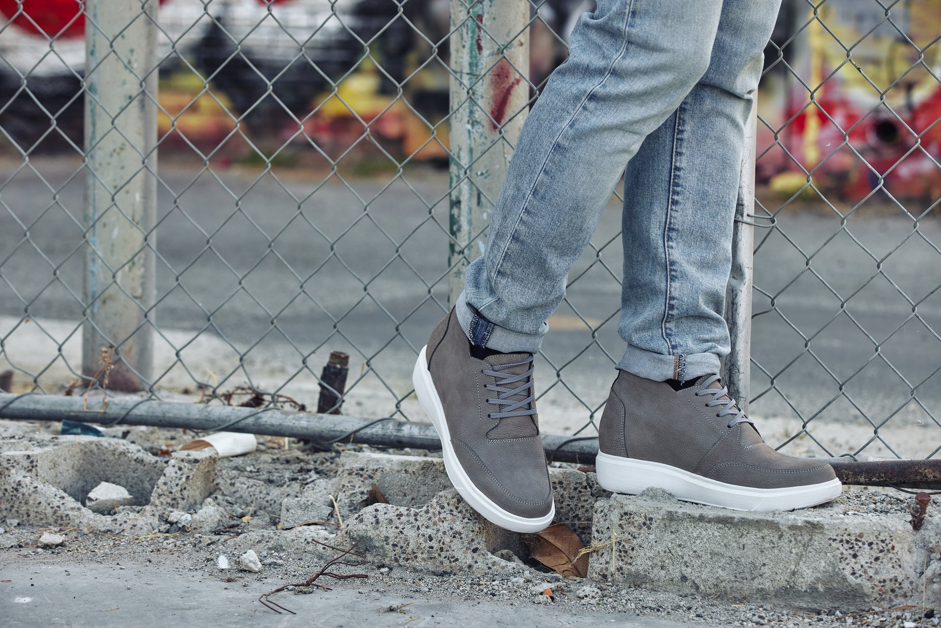 J1771  - 3.2 Inches Taller (Grey) - Casual Chunky Sole Men's Shoes - Soft Pebble Grain Nubuck Leather