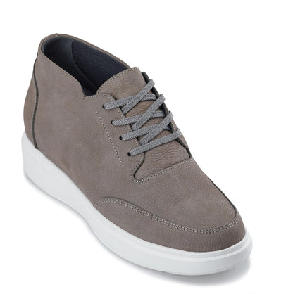J1771  - 3.2 Inches Taller (Grey) - Casual Chunky Sole Men's Shoes - Soft Pebble Grain Nubuck Leather