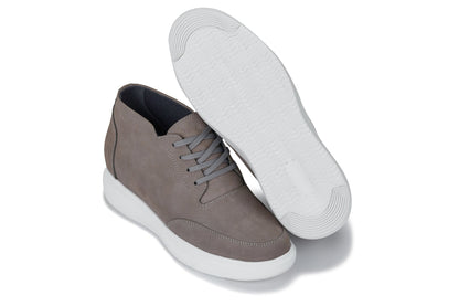 J1771  - 3.2 Inches Taller (Grey) - Casual Chunky Sole Men's Shoes - Soft Pebble Grain Nubuck Leather