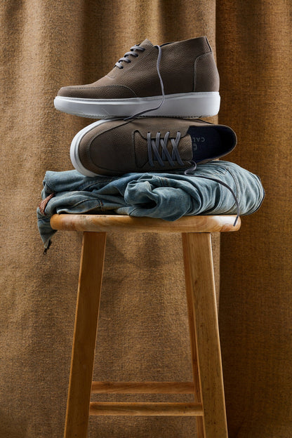J1771  - 3.2 Inches Taller (Grey) - Casual Chunky Sole Men's Shoes - Soft Pebble Grain Nubuck Leather
