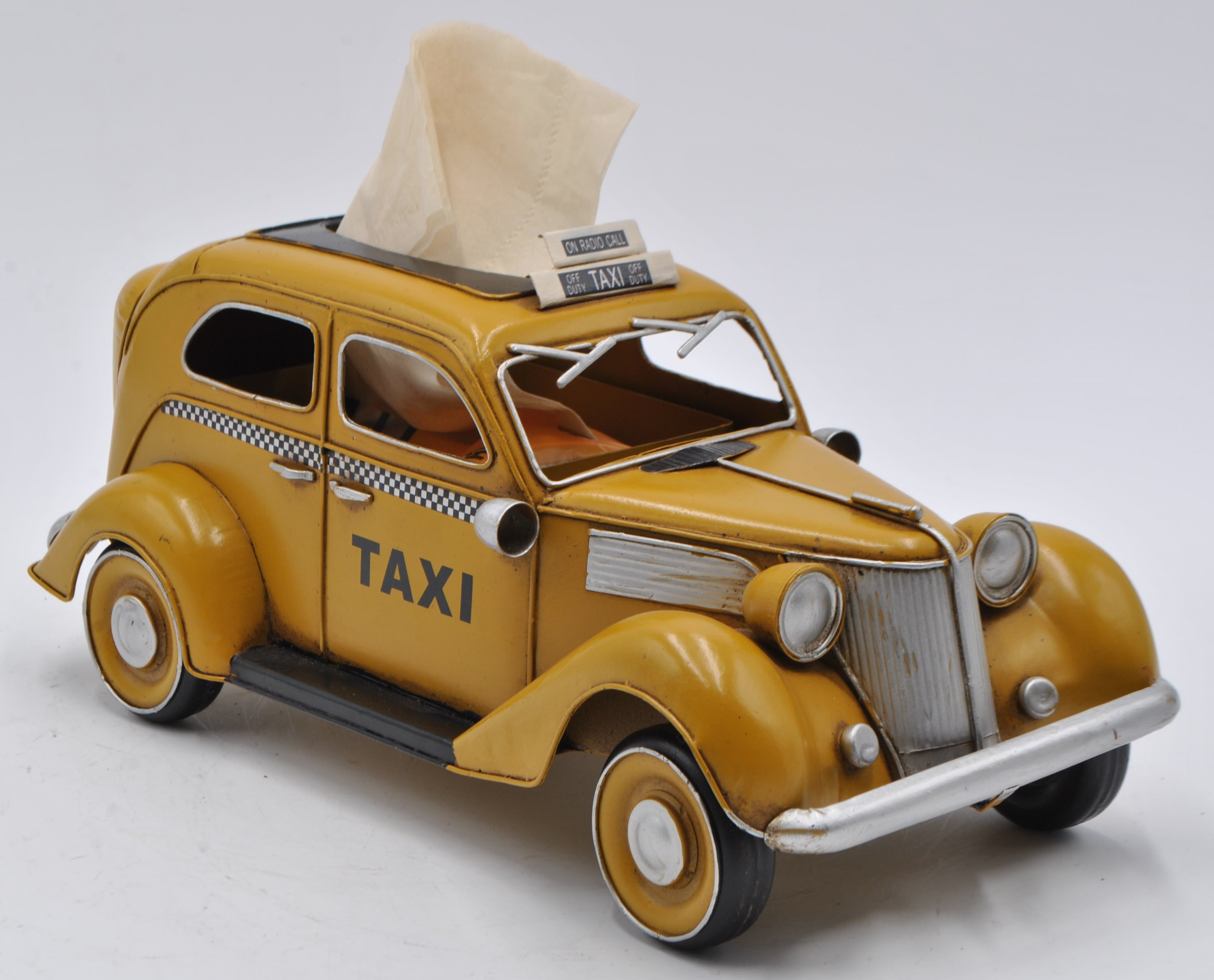 Metal Yellow Checker Cab Vintage 1930`s TAXI Sedan Model Art Sculpture JAYLAND